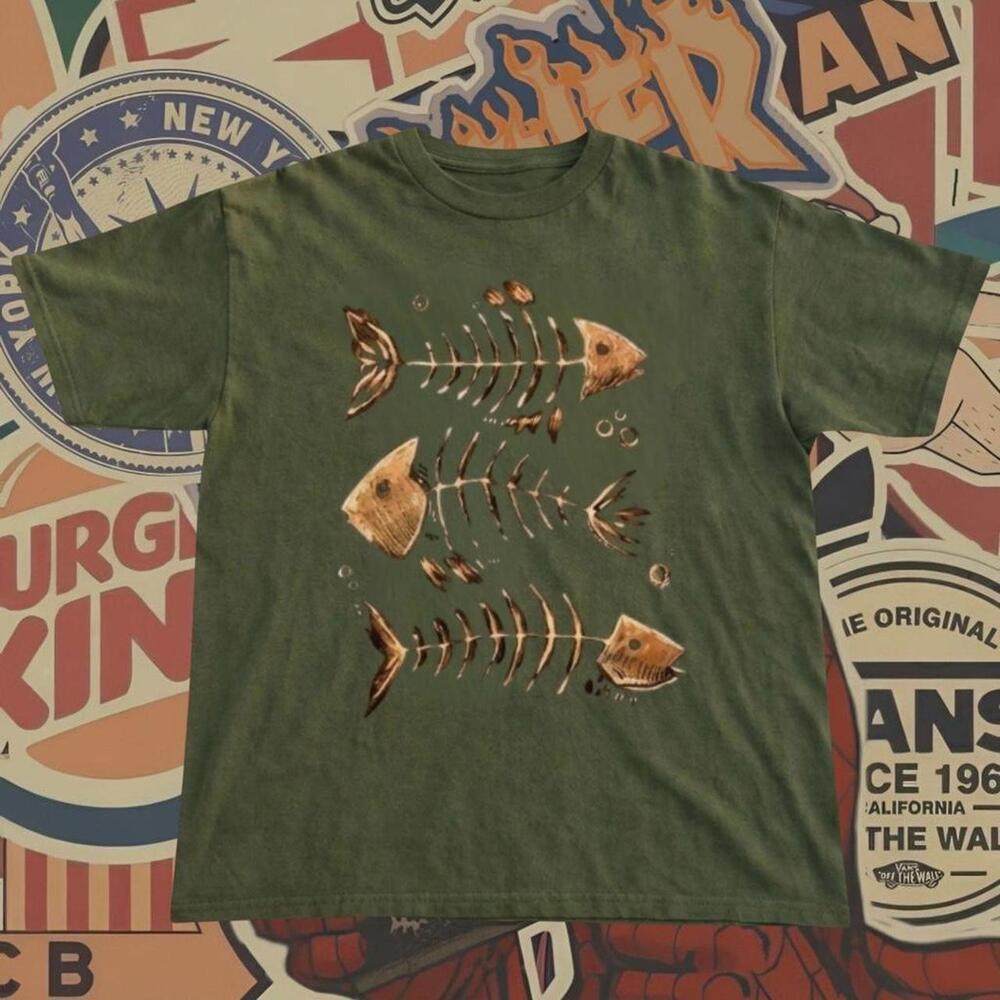 Green Fish Skeleton Graphic Tee With Gold Fish Skeletons